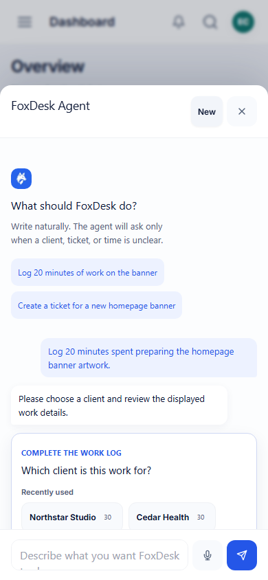 FoxDesk Agent client clarification displayed on a mobile screen
