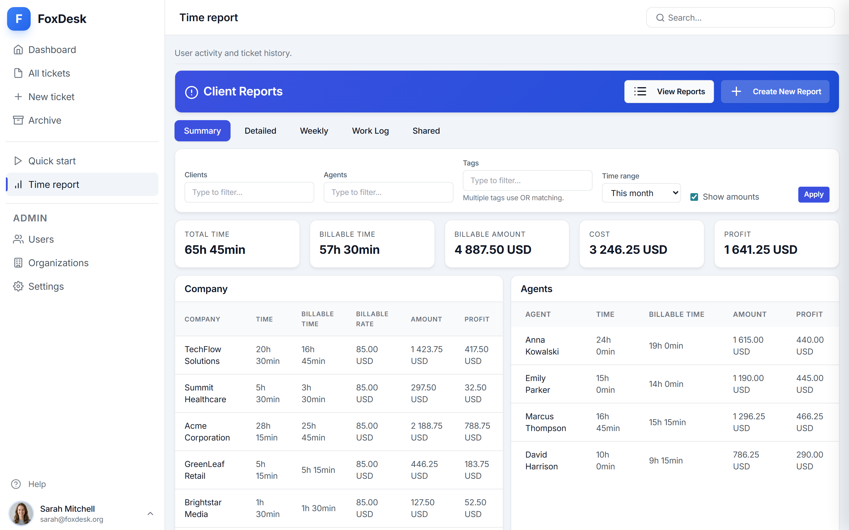 FoxDesk Light Time Report Preview
